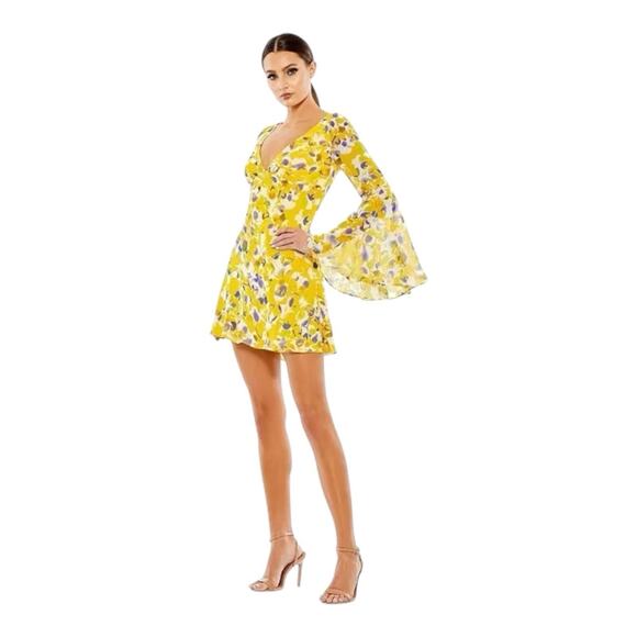 Mac Duggal yellow floral bell sleeves chiffon Mini dress party wedding Sz 10 - Picture 7 of 16